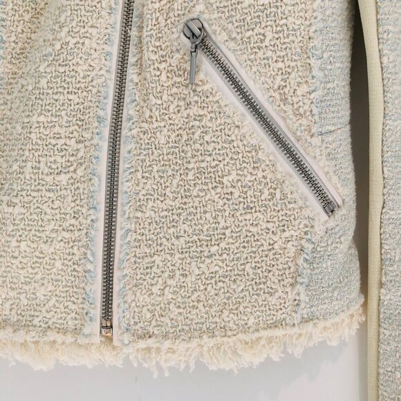 Rebecca‎ Taylor Tweed Jacket Moto Size 6 Frayed Edges Cotton Leather Trim Biker - Picture 7 of 11